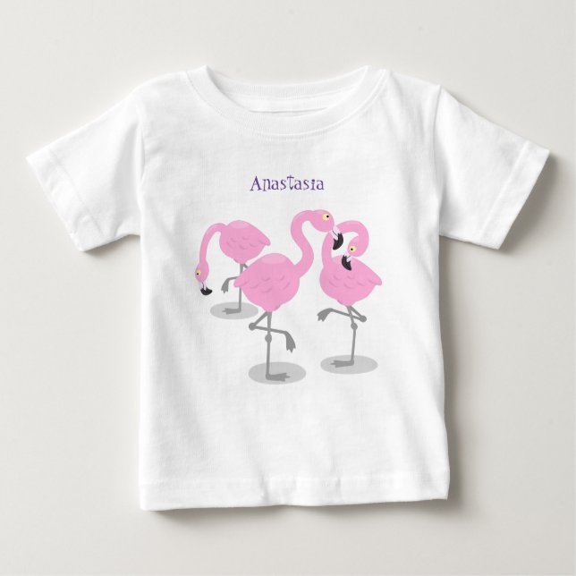 Camiseta Para Bebê Imagem de desenho animado rosa-claro flamingo trio (Frente)