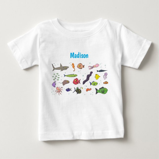 Camiseta Para Bebê Imagem de desenhos animados de criaturas marinhas  (Frente)