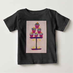 Camiseta Para Bebê Impressão de Arte cupcake com Cereja e Fundo Rosa