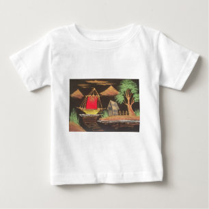 Camiseta Para Bebê Impressão de pintura de óleo em veleiro vermelho