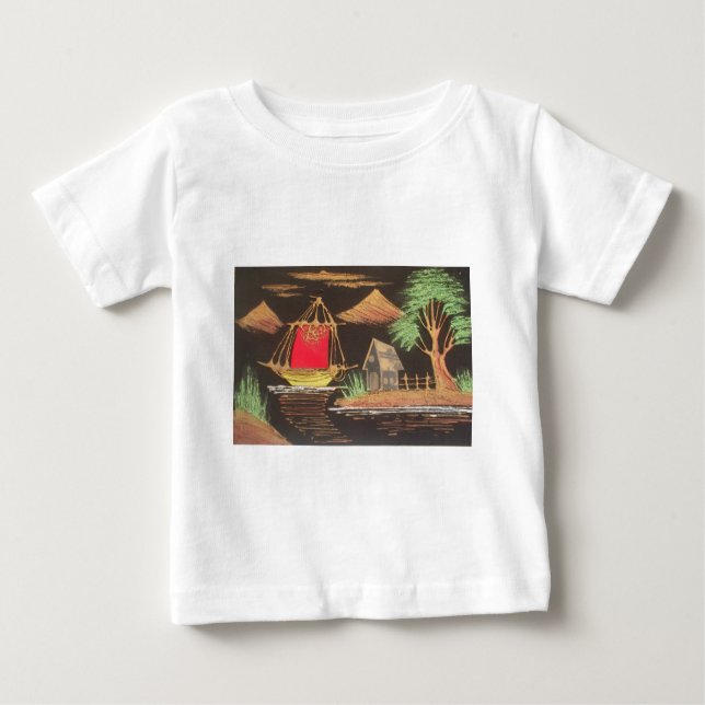 Camiseta Para Bebê Impressão de pintura de óleo em veleiro vermelho (Frente)