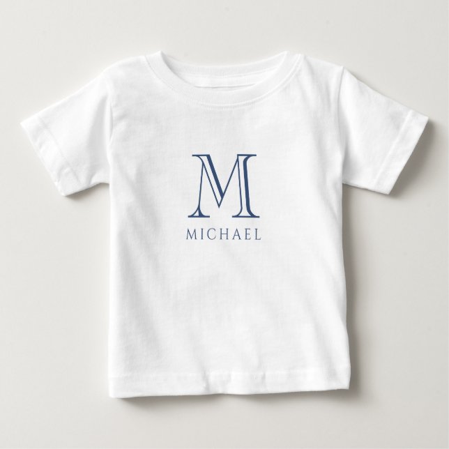Camiseta Para Bebê Inicial do Nome Monograma Azul Marinho para Menino (Frente)
