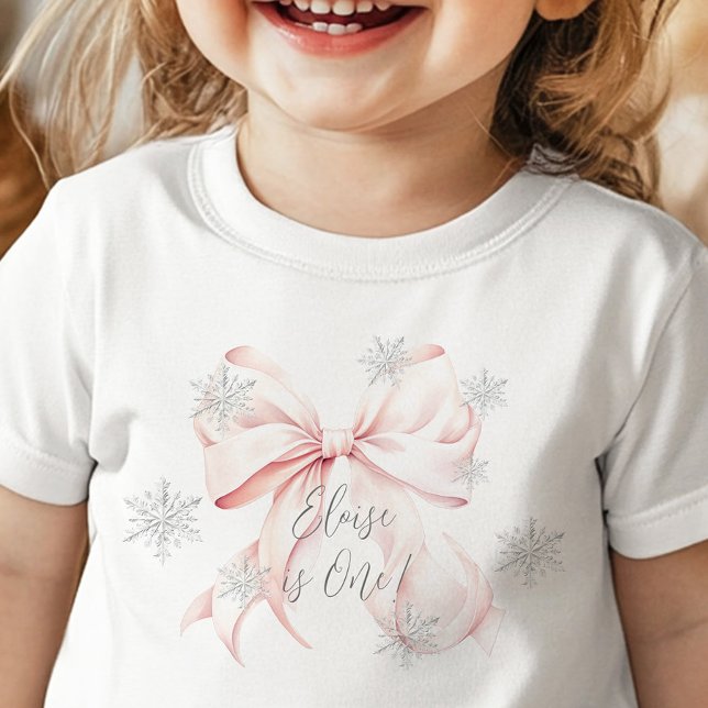 Camiseta Para Bebê Inverno Cor-de-Rosa Onederland Prata 1º Aniversári (Criador carregado)