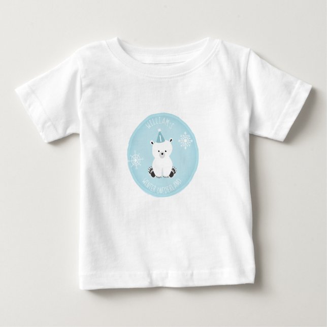 Camiseta Para Bebê Inverno Onederland Polar Bear Blue Primeiro Aniver (Frente)