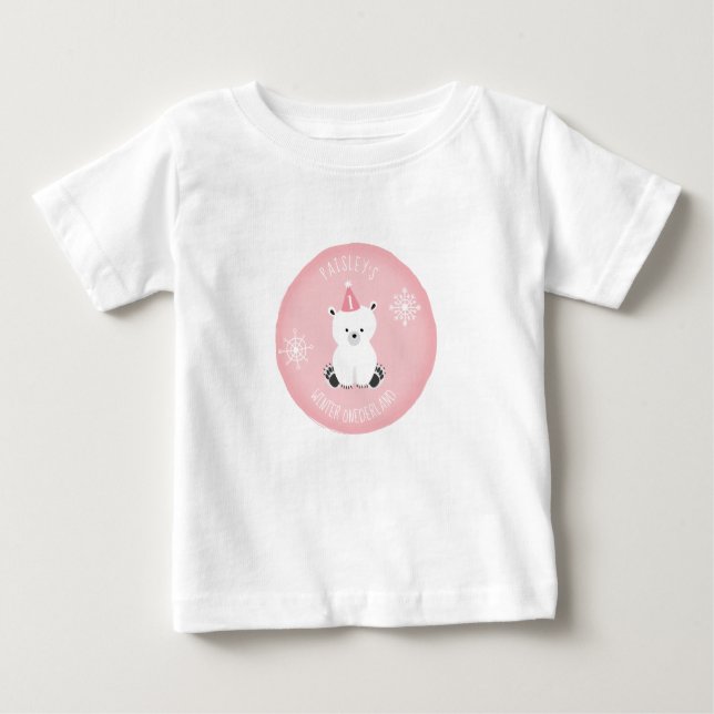 Camiseta Para Bebê Inverno Onederland Polar Bear Rosa Primeiro Aniver (Frente)