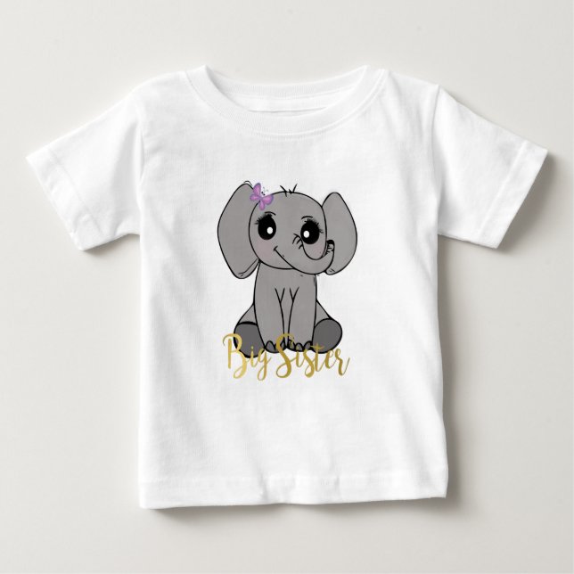 Camiseta Para Bebê Irmã grande, novo elefante falso em letras de ouro (Frente)
