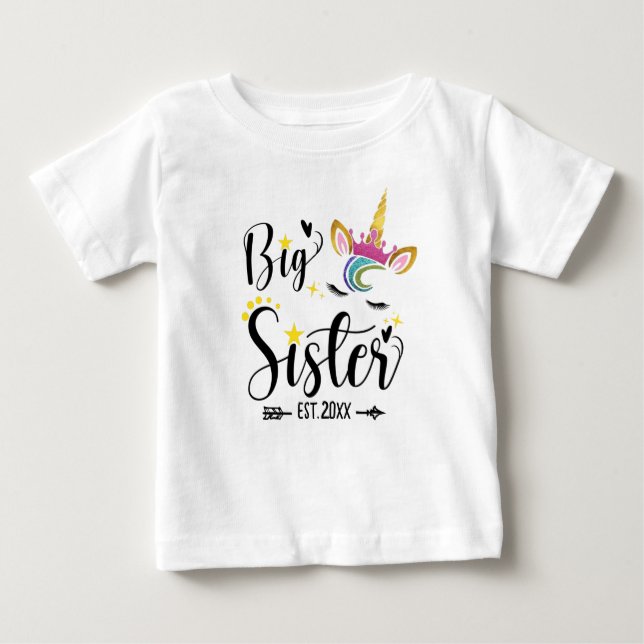 Camiseta Para Bebê Irmã Mais Velha EST.2022, unicórnio (Frente)