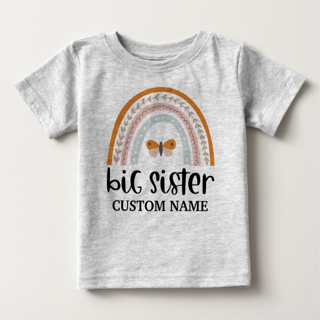 Camiseta Para Bebê Irmã Mais Velha Personalizada Boho Arco-íris & Bor (Frente)