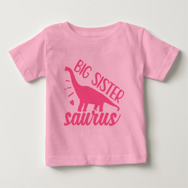 Camiseta Para Bebê Irmã Mais Velha Saurus de Rosa (Frente)