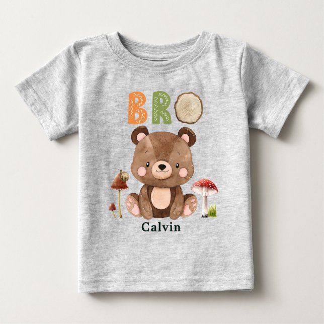 Camiseta Para Bebê Irmão Personalizado Woodland Primeiro Aniversário (Frente)