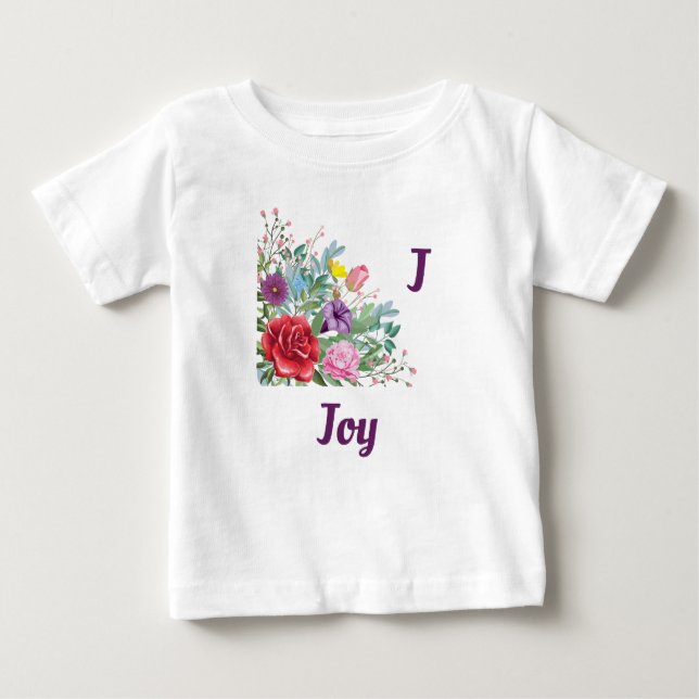 Camiseta Para Bebê J Joy Personalize o nome da letra, Rosa Flores (Frente)