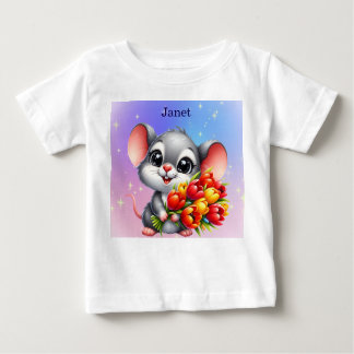 Camiseta Para Bebê Janet's Cute Mouse with Tulips Baby T-Shirt