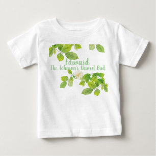 Camiseta Para Bebê Jardim das Folhas Brancas e Verde