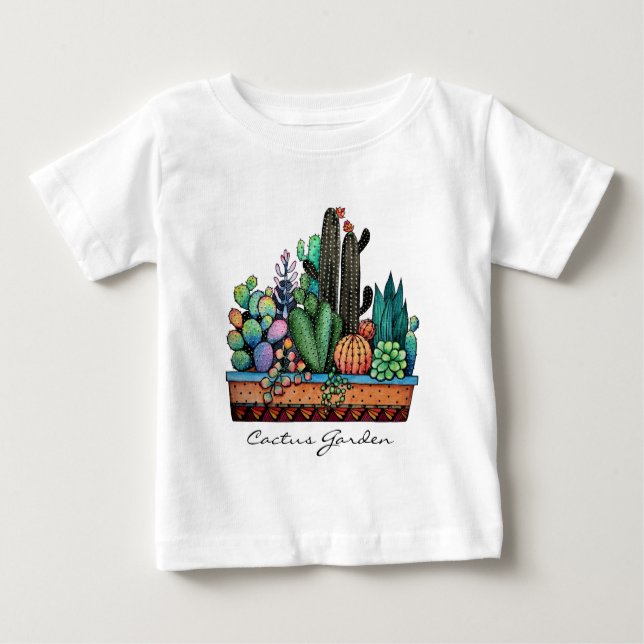 Camiseta Para Bebê Jardim De Cactus Caquetado Em Pote (Frente)