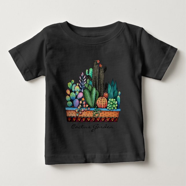 Camiseta Para Bebê Jardim De Cactus Caquetado Em Pote (Frente)