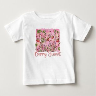 Camiseta Para Bebê Jardim de Morango Floral Aquarela Doce Fruta