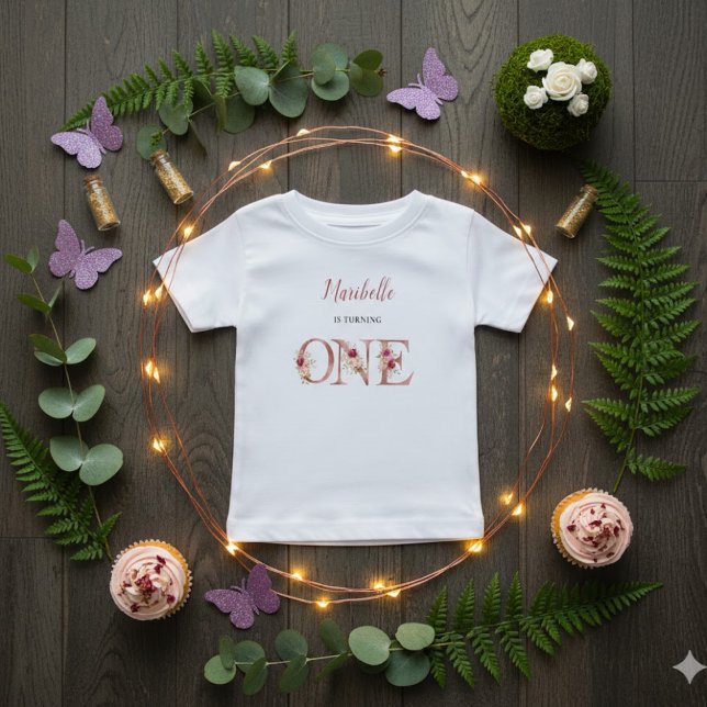 Camiseta Para Bebê Jardim Floral da Pequena Fada Primeiro Aniversário (Criador carregado)