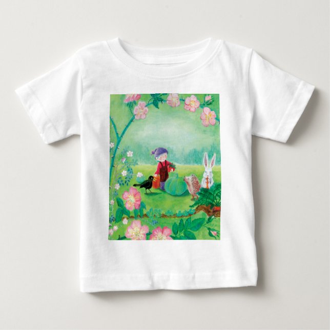 Camiseta Para Bebê Jardineiro Gnomo, Blackbird, Hedgehog e Coelho Bra (Frente)