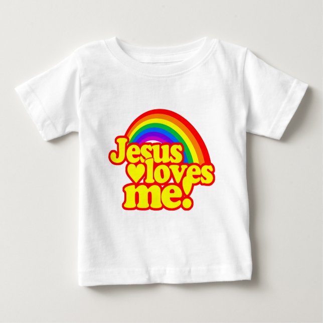 Camiseta Para Bebê Jesus ama-me (com arco-íris) (Frente)
