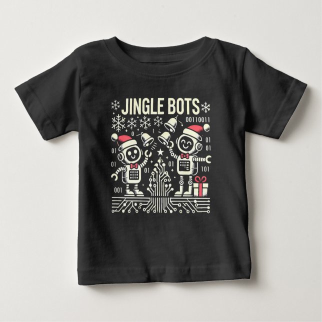 Camiseta Para Bebê Jingle Bots Festivos Holiday Robots com Santa Hats (Frente)
