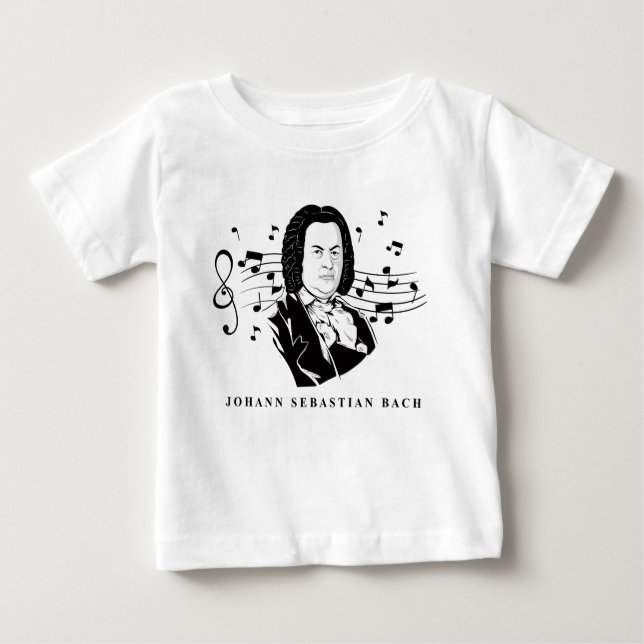 Camiseta Para Bebê Johann Sebastian Bach Portrait e Bust com Notes (Frente)