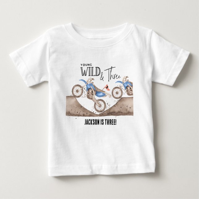 Camiseta Para Bebê Jovem Selvagem E três Bicicletas de Terra Azuis An (Frente)