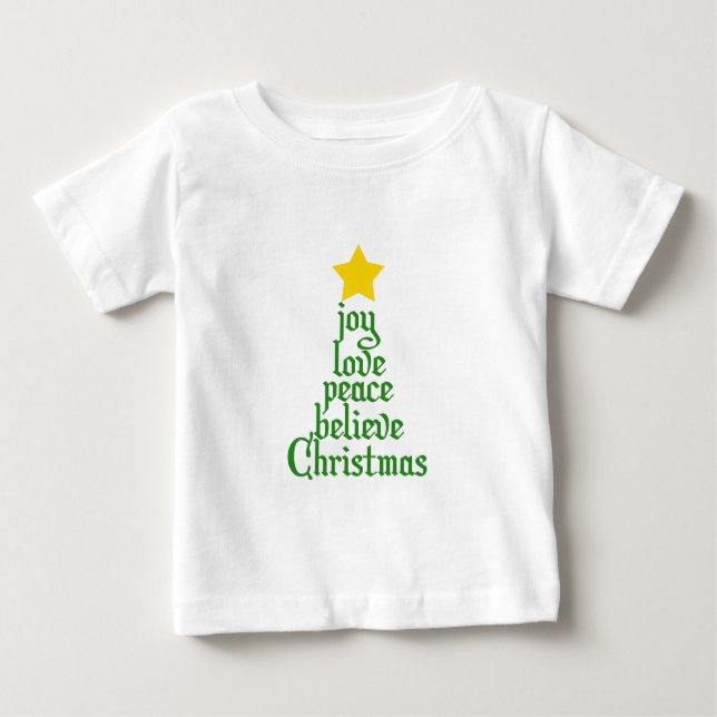 Camiseta Para Bebê Joy, Love, Peace, Acredite, Natal (Frente)