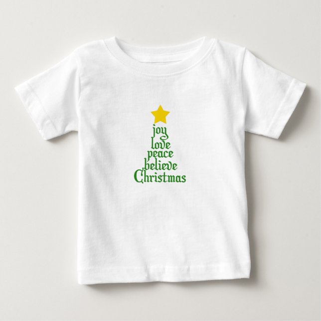 Camiseta Para Bebê Joy, Love, Peace, Acredite, Natal (Frente)