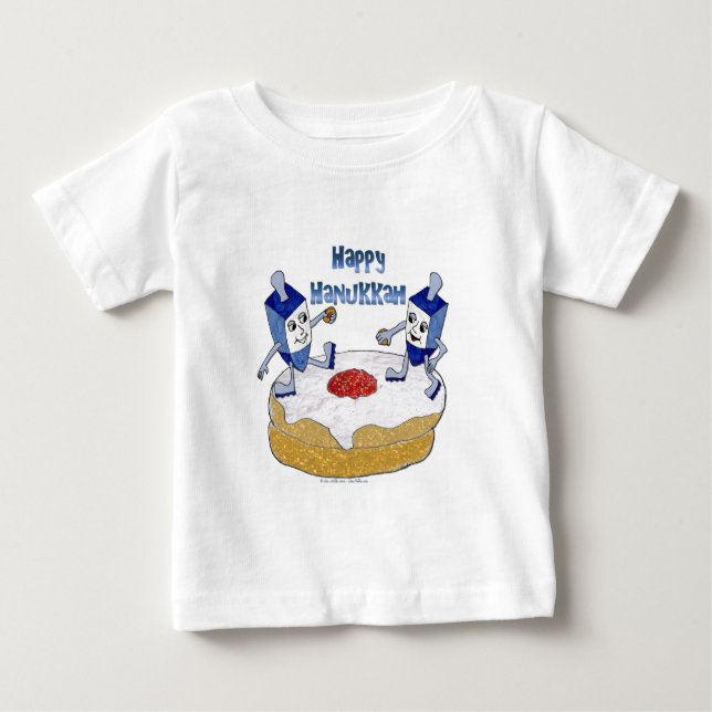 Camiseta Para Bebê Judaica Happy Hanukkah Dançando Dreidels Doughnut (Frente)