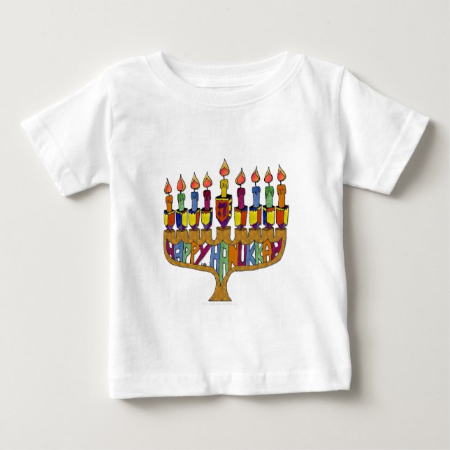 Camiseta Para Bebê Judaica Happy Hanukkah Dreidel Menorah (Frente)