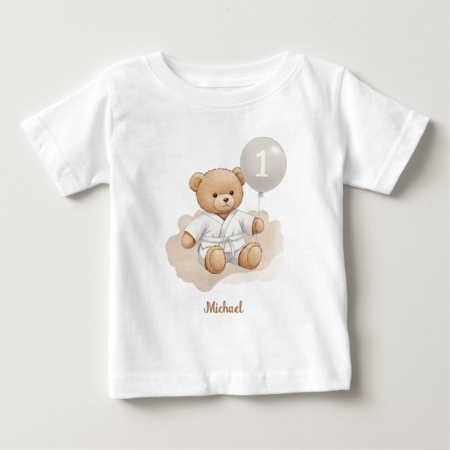 Camiseta Para Bebê Judo Bear’s First Belt" – 1st Birthday White Belt (Frente)