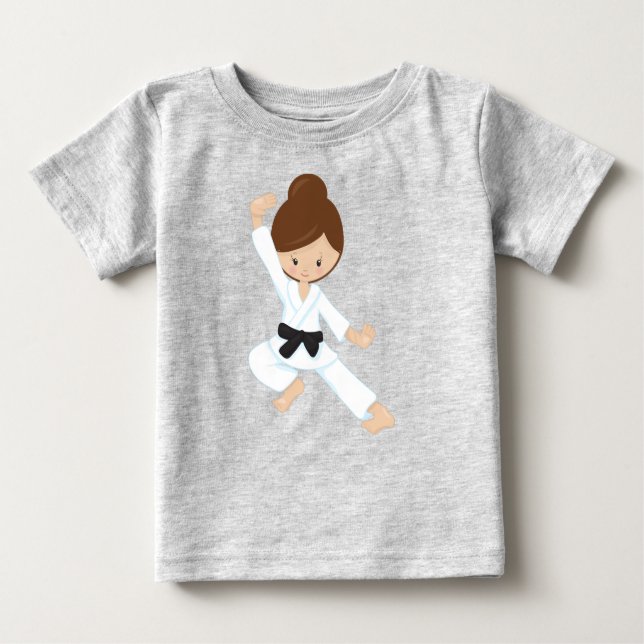 Camiseta Para Bebê Karate Girl, Cute Girl, Black Belt, Brown Hair (Frente)