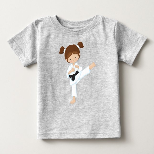 Camiseta Para Bebê Karate Girl, Cute Girl, Brown Hair, Black Belt (Frente)