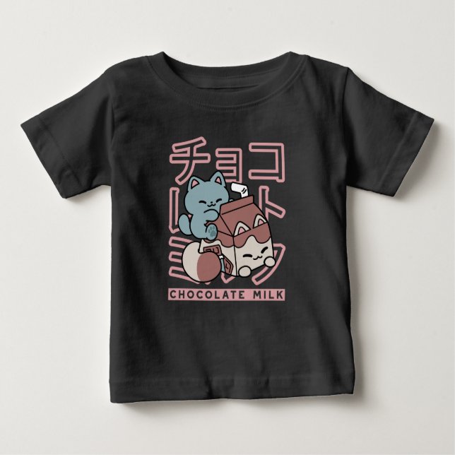 Camiseta Para Bebê Kawaii Cat with Chocolate Milk – Japanese Pop Art  (Frente)