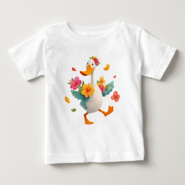 Camiseta Para Bebê Kawaii Goose Dancing – Cute Duck with Flowers Kids (Frente)