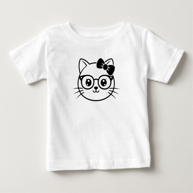 Camiseta Para Bebê Kawaii Nerdy Cat Face with Glasses and Bow Line Ar (Frente)