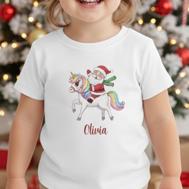 Camiseta Para Bebê Kawaii Santa Claus Riding Rainbow Unicorn (Criador carregado)