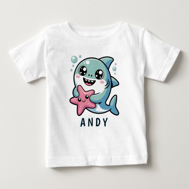 Camiseta Para Bebê Kawaii Shark and Starfish Melhores Amigos (Frente)