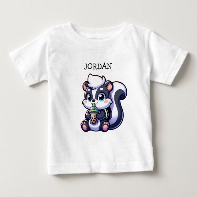 Camiseta Para Bebê Kawaii Skunk Bonito com Chá de Bolha Personalizado (Frente)