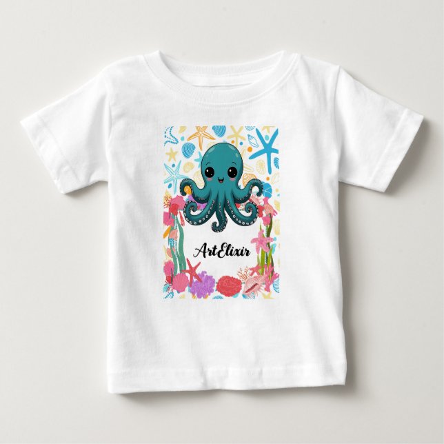 Camiseta Para Bebê Kawaii sob o polvo marinho (Frente)