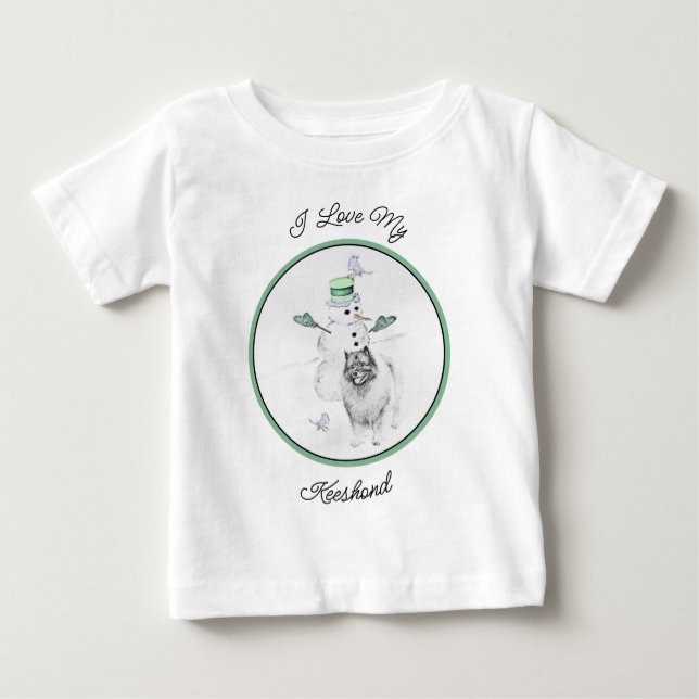 Camiseta Para Bebê Keeshond Christmas Snowman Pinting Art (Frente)