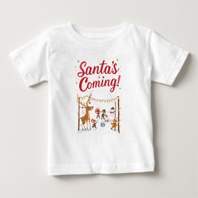 Camiseta Para Bebê Kids Santa’s Coming Christmas T-Shirt (Frente)