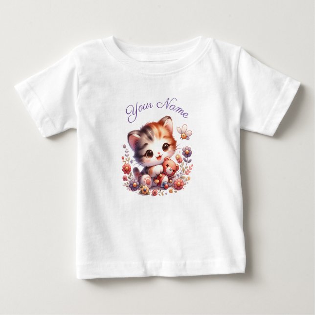 Camiseta Para Bebê Kit de Nomes de Gatinho Personalizado em Aquarela (Frente)