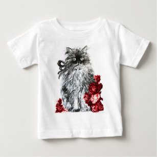 Camiseta Para Bebê KITTEN CAT, KITTEN COM ROSAS VERMELHAS, Preto e Br