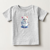 Kitten in Cup Blue Flowers Baby T Shirt