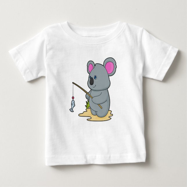 Camiseta Para Bebê Koala como pescador com cana de pesca e peixe (Frente)