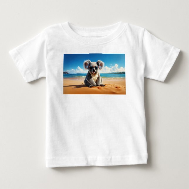 Camiseta Para Bebê Koala em uma praia arenosa (Frente)