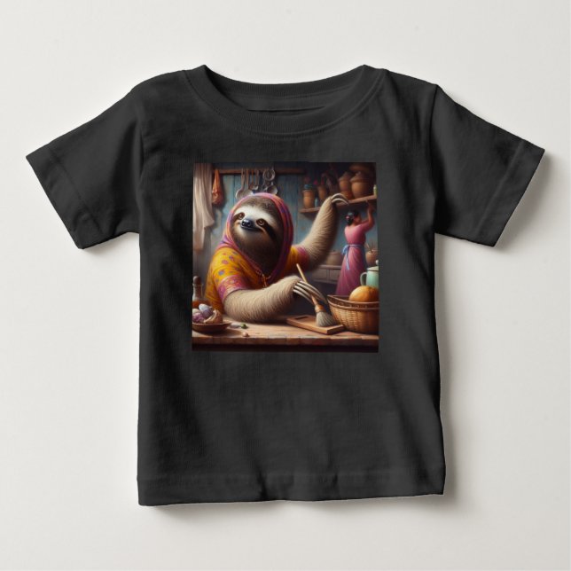 Camiseta Para Bebê Lã Limpando uma cozinha (Frente)