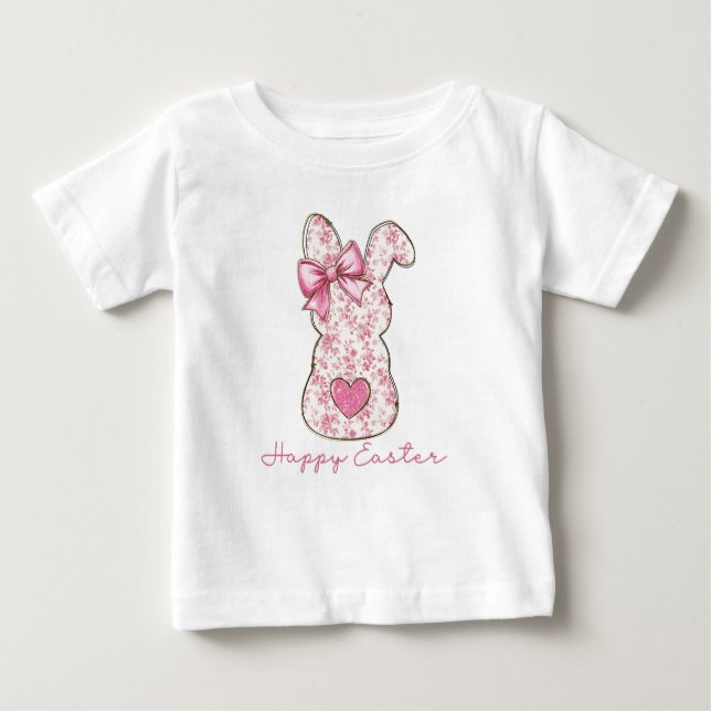 Camiseta Para Bebê Laço Coquete de Coelho de Páscoa Floral Rosa (Frente)