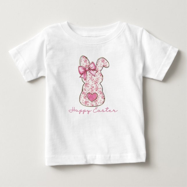 Camiseta Para Bebê Laço Coquette de Coelhinho de Páscoa Floral Rosa (Frente)